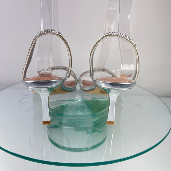 Steve Madden Loft Heel Sandals Silver Faux Rhinestone Ankle Strap - Picture 5 of 8